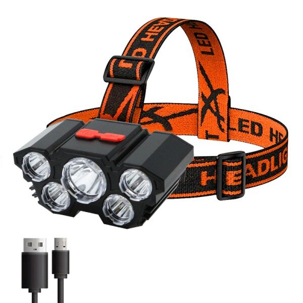 Usb Rechargeable Built-in Battery 5 Led Strong Headlight Super Bright Head-Mounted Flashlight